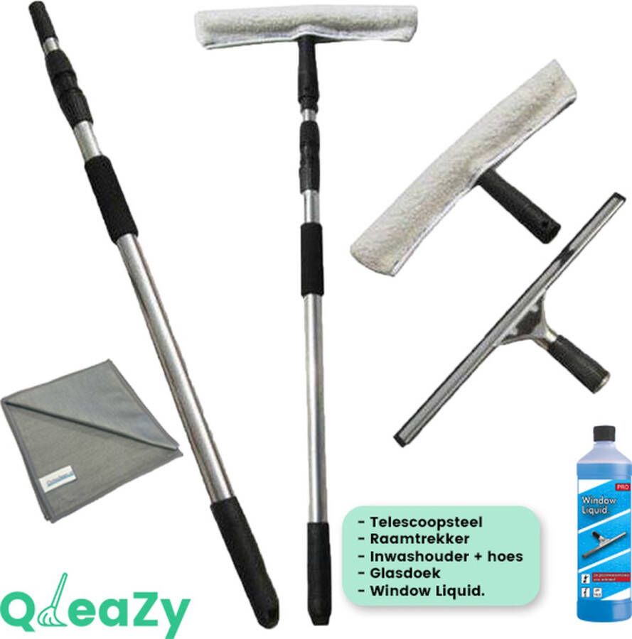 QleaZy Raamwisser met telescoopsteel 4 meter 35CM Professionele SET met Window Liquid. & Glasdoek