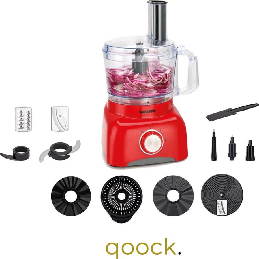 Qoock | Food Processor | Retro Line Rood | 13 Delig | 800w | Met accessoires