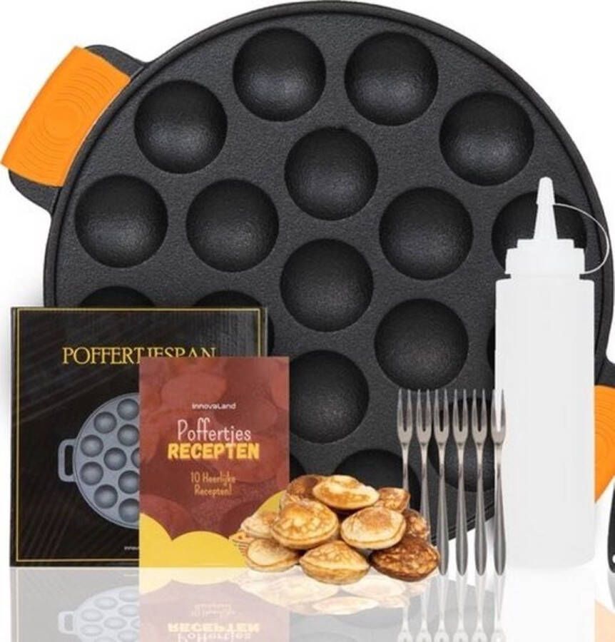 Qoock Gietijzeren Poffertjespan 24cm 19 Poffertjesertjespan Set Incl. Doseerfles 1 vork en Handvaten