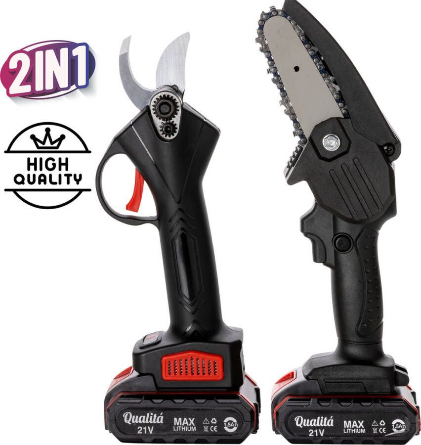 Qualita Qualitá Elektrische Snoeischaar en Mini Kettingzaag 2 in 1 Tuinschaar Takkenschaar Heggenschaar Accu Snoeischaar 2x Accu Acculader Opbergkoffer & Accessoires Electrische snoeischaar