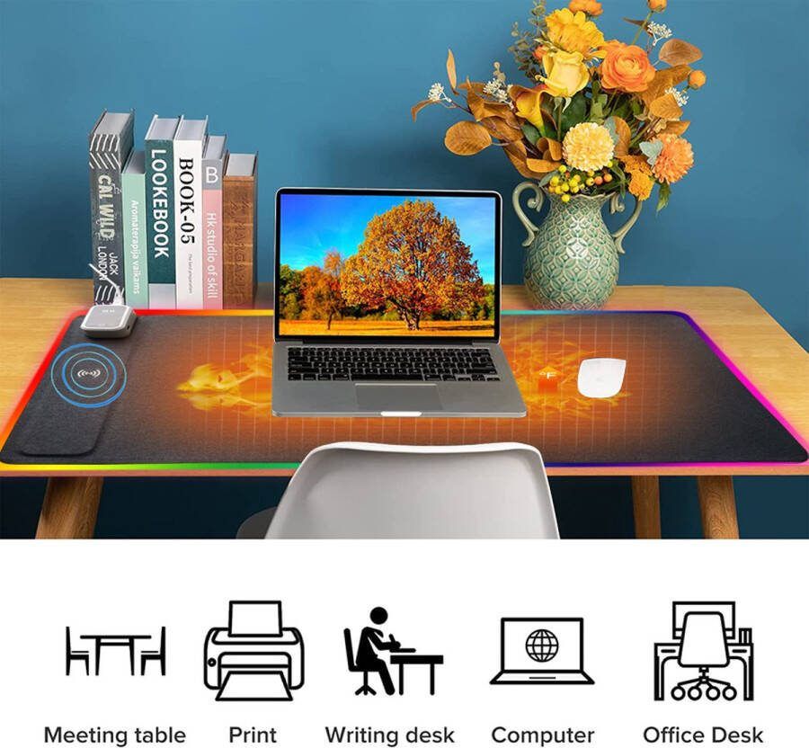 Quality Heating QH-BV Serie verwarmde bureau onderlegger verwarmde muismat mobiel draadloos oplaad functie led verlichting 80 x 40 cm