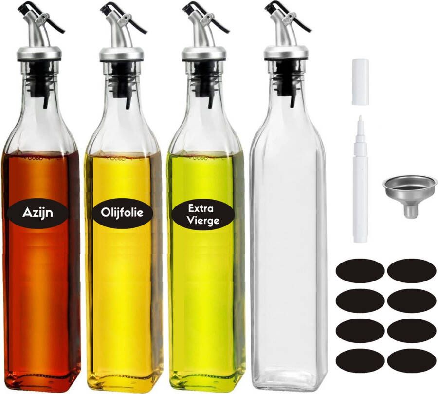 Quality Needz Olieflessen 4-Delige Set 500 ml Met Schenktuit Trechter Stickers & Stift Oliefles Glas Olie- en Azijnstel Glazen Oliefles Olijfolie Fles Kan