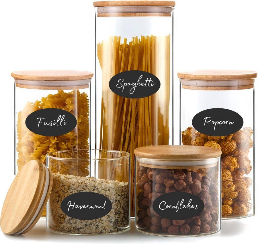 Quality Needz Voorraadpotten 5 Delige set Glas met deksel Duurzaam Gratis Herschrijfbare Stickers & Pen Snoeppot Glazen voorraadpotten
