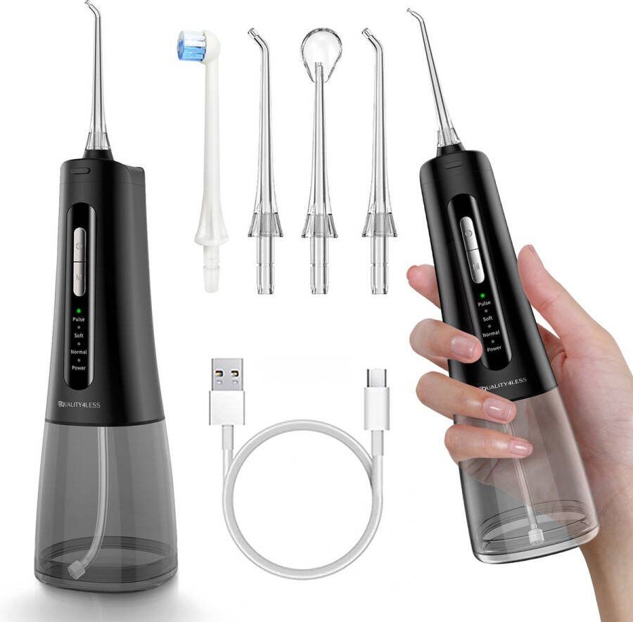 Quality4less ™ Waterflosser draadloos Professionele monddouche Elektrisch flosapparaat 4 Standen Inclusief tongreiniger Zwart Nieuw 2024
