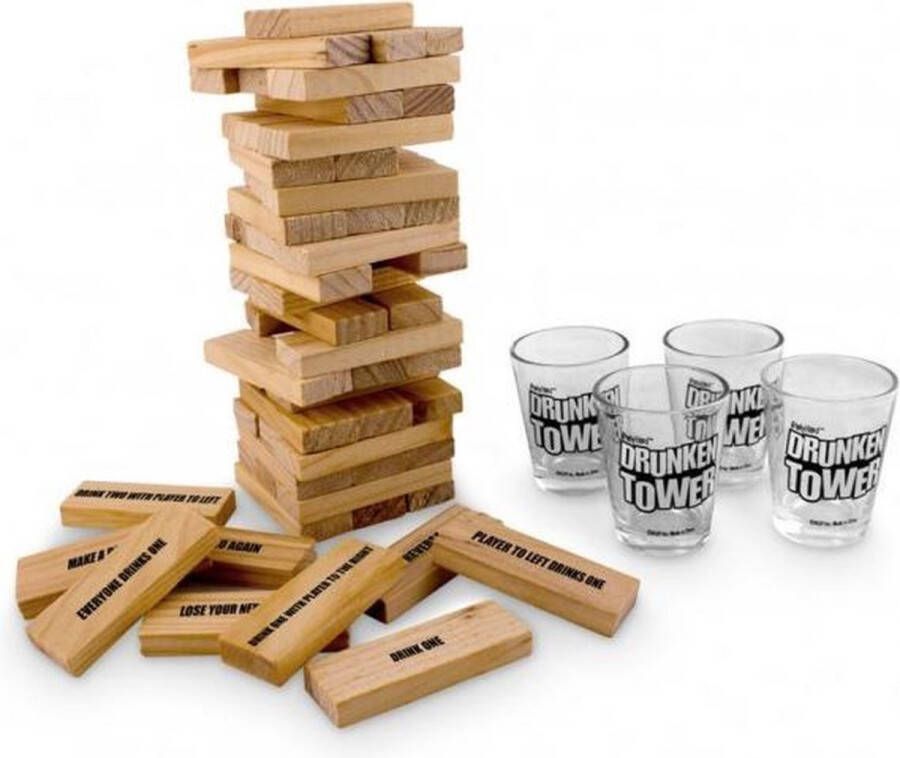 Fleau Drankspel Jenga Stapeltoren Spel Drunken Tipsy Tower Drinkspel Gezelschapsspel Voor Volwassenen Incl 4 Glazen Shot Cups Hout