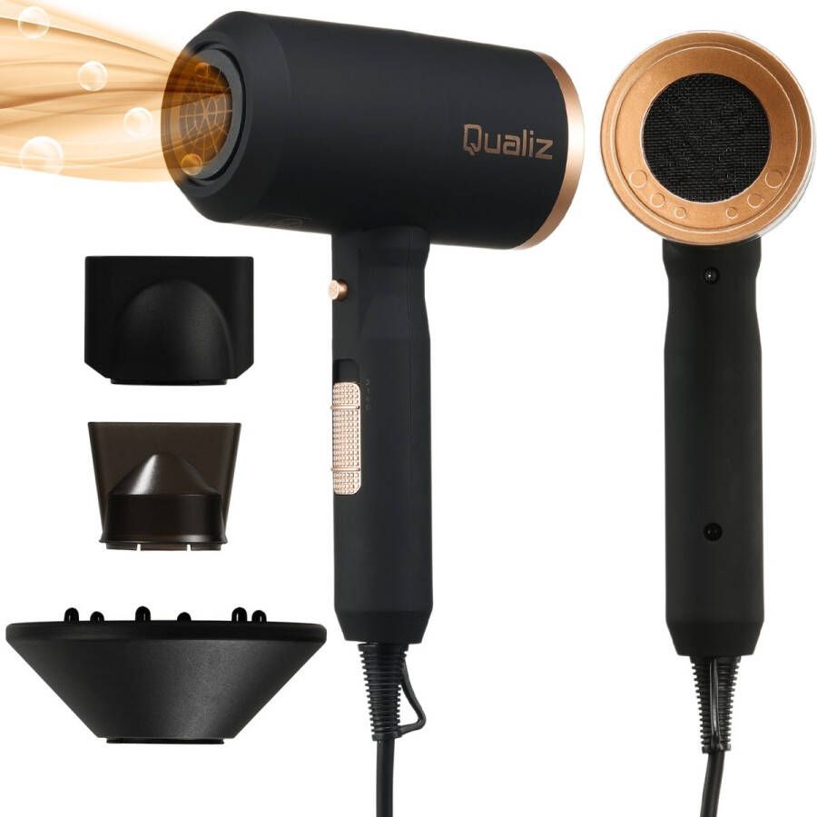 Qualiz Pro Föhn met Diffuser – Veilig voor je Haar – Ionische Haardroger – 2000W – Coolshot – Haarföhn – Hair Dryer – Zwart