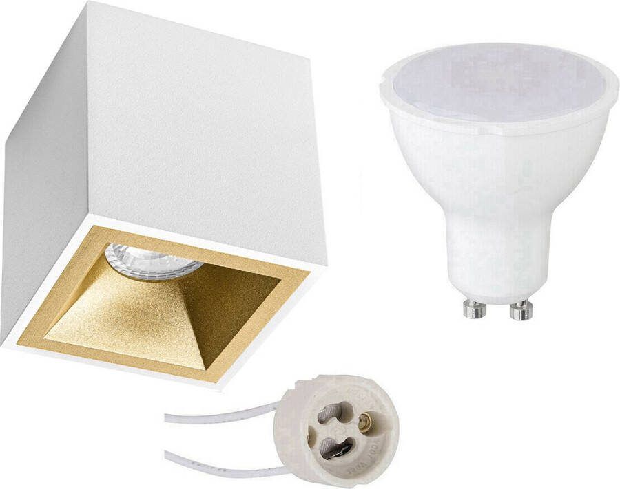 Qualu Opbouwspot Set Proma Cliron Pro GU10 Fitting Opbouw Vierkant Mat Wit Goud 6W Warm Wit 3000K Verdiept 90mm