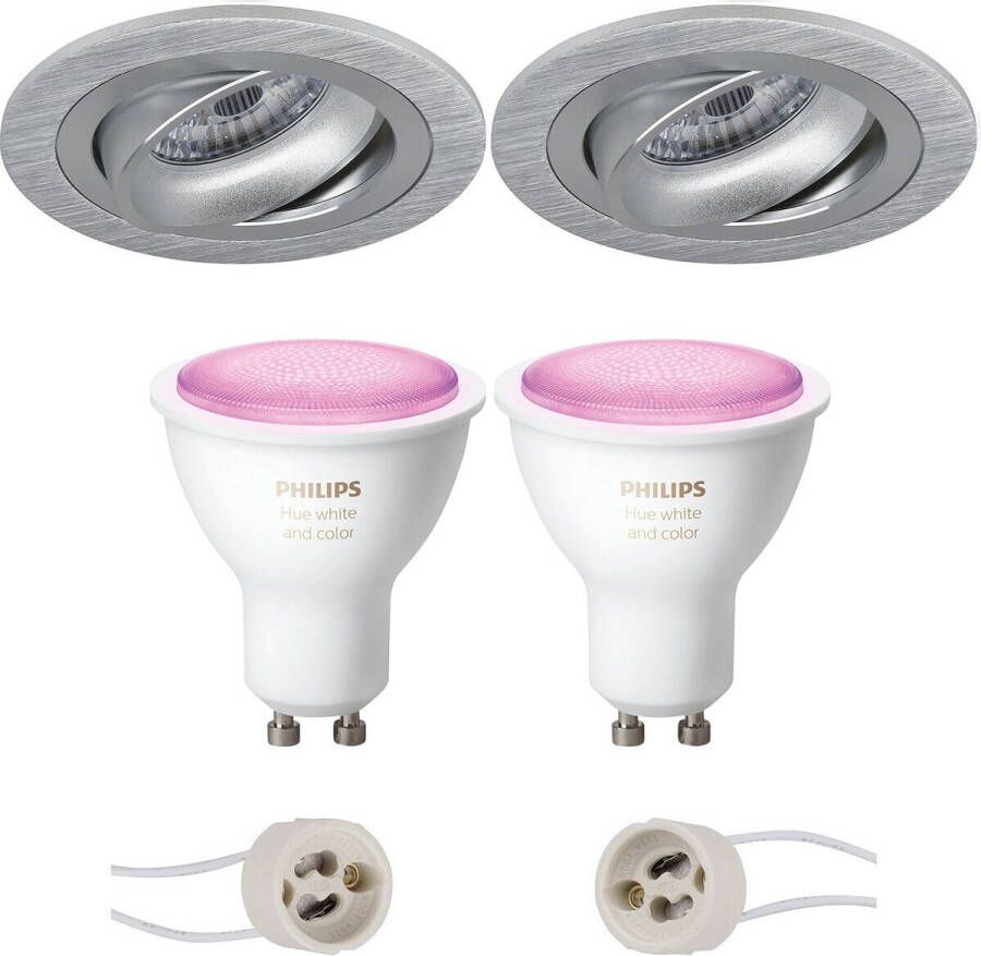 Qualu Proma Alpin Pro Inbouw Rond Mat Zilver Kantelbaar Ø92mm Philips Hue LED Spot Set GU10 White and Color Ambiance Bluetooth