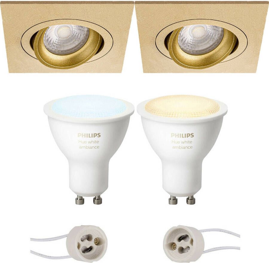 Qualu Proma Borny Pro Inbouw Vierkant Mat Goud Kantelbaar 92mm Philips Hue LED Spot Set GU10 White and Color Ambiance Bluetooth