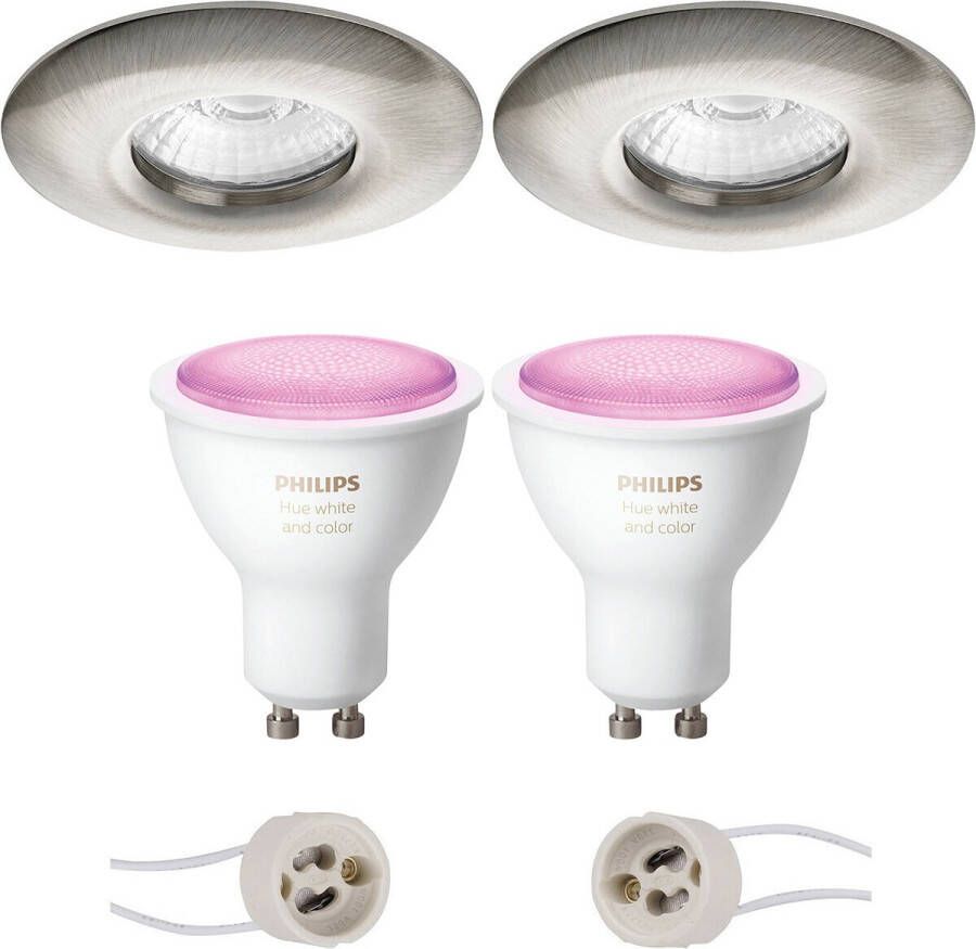 Qualu Proma Luno Pro Waterdicht IP65 Inbouw Rond Mat Nikkel Ø82mm Philips Hue LED Spot Set GU10 White and Color Ambiance Bluetooth