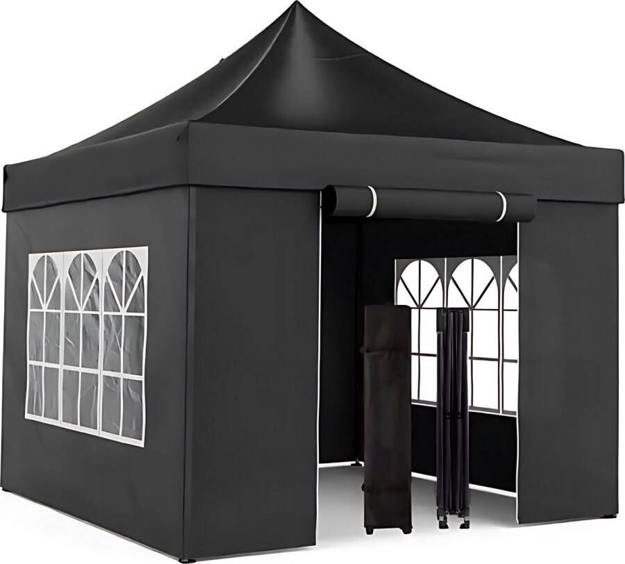 Qualytents Partytent Luxe Easy up 3 x 3m Paviljoen met Zijpanelen Waterdicht Opvouwbaar In Hoogte Verstelbaar Zwart