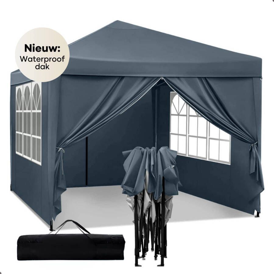 Qualytents Partytent Premium Easy up 3 x 3m Paviljoen met Zijpanelen Opvouwbaar Waterdichte Tent In Hoogte Verstelbaar Blauw Vernieuwd dak