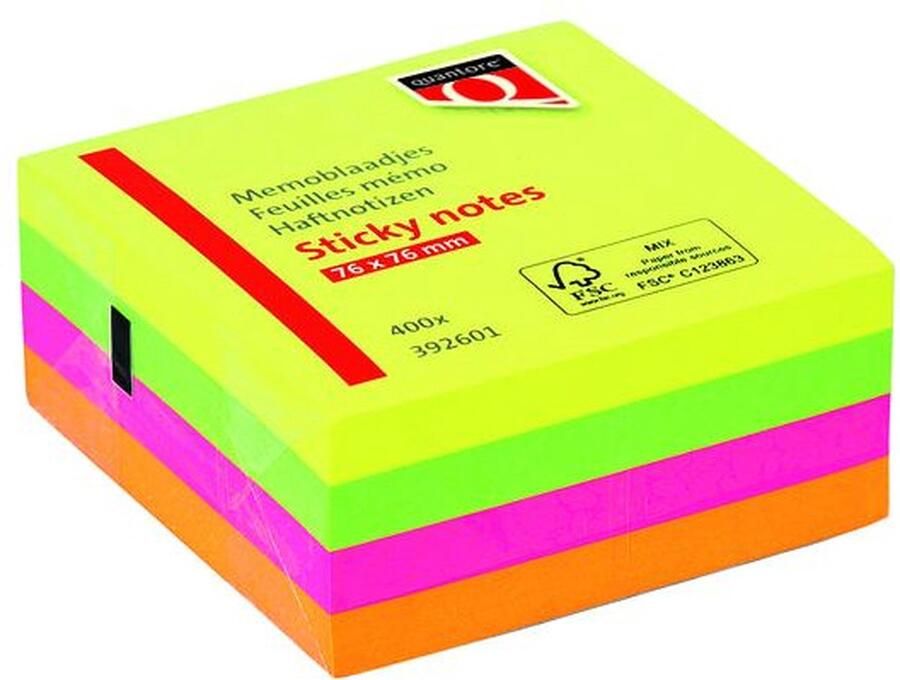 Quantore Memoblok 76x76mm neon kleuren assorti 4 kleuren Pak a 400 vel 60 stuks