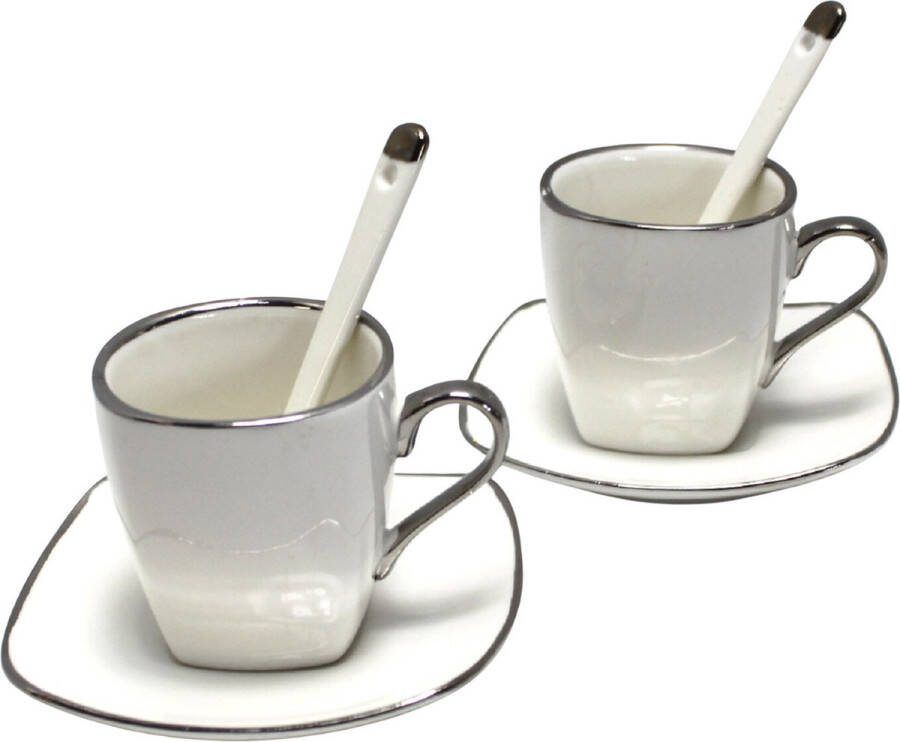 Queen Isabell Espressokopjes porseleinen set met borden 80ml set van 2 stuks Collectie Platine Wit