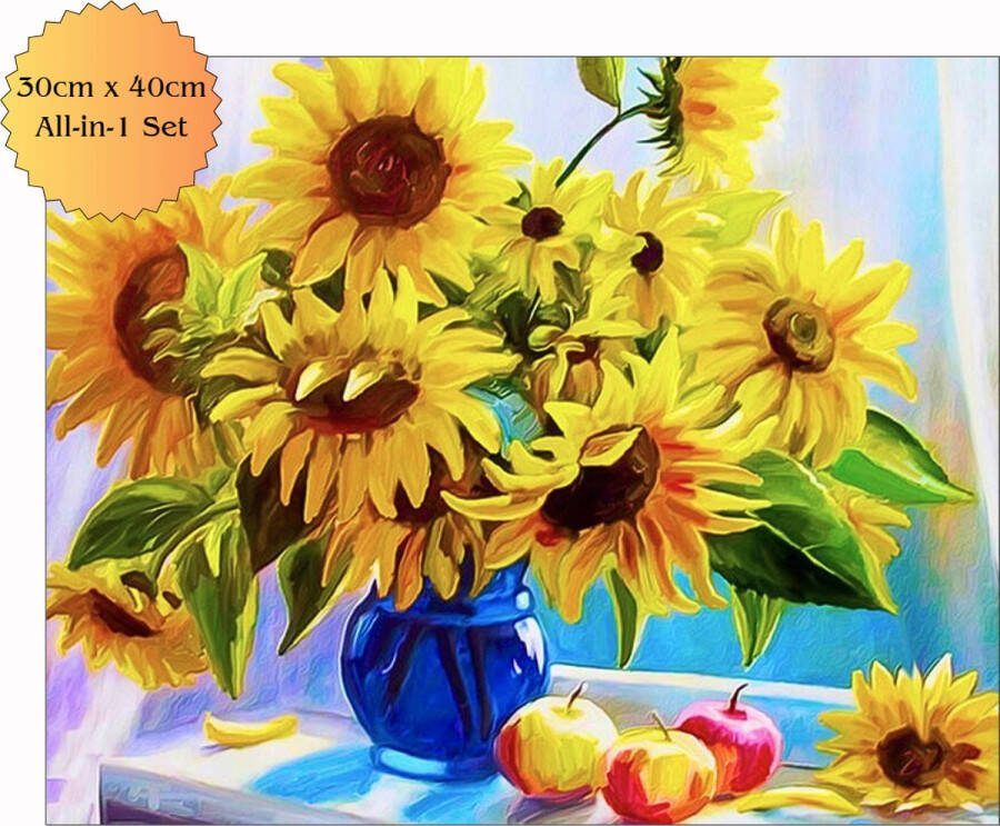 Quick eye Store Diamond painting Volwassenen Complete set Ronde steentjes 30cm x 40cm Zonnebloemen in de vaas Stilleven Natuur