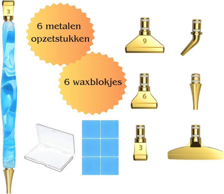 Quick eye Store Luxe Diamond painting Pen met 6 Metalen opzetstukken Goud kleur incl. opbergdoos 6 x Waxblokjes en Opbergbakje Light Blauw