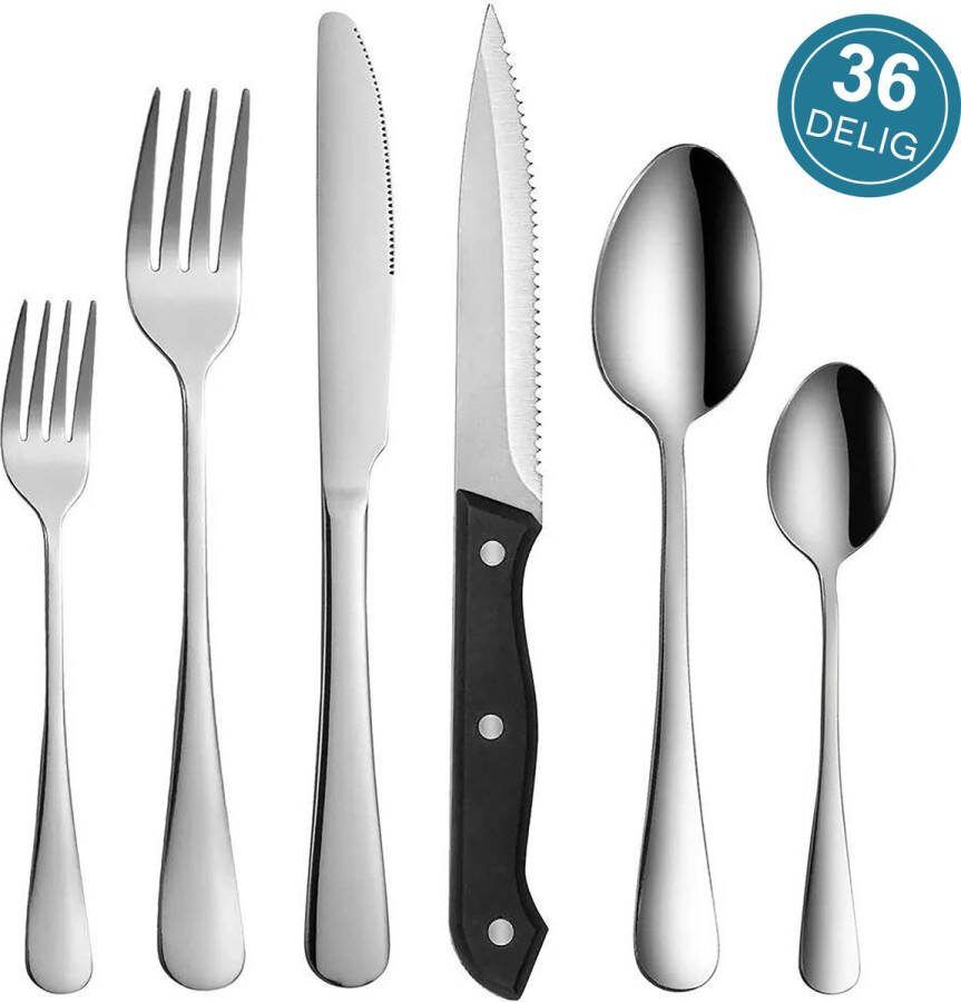 Quickerly Bestekset – Bestek Voor 6 Personen – 36 stuks – Duurzaam Edelstaal – Vorken Messen & Steakmessen – Vaatwasserbestendig – Zwart RVS