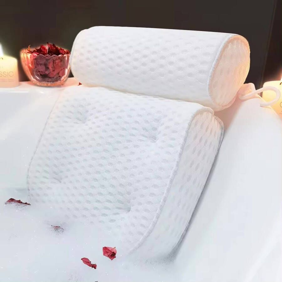 Quicns Quincs Badkussen voor in bad – Badkussens – Nekkussen bad – Bad kussen Hoofdsteun bad – Badkussen met zuignappen – 6 Zuignappen – Ergonomisch nekkussen – Antislip Wit