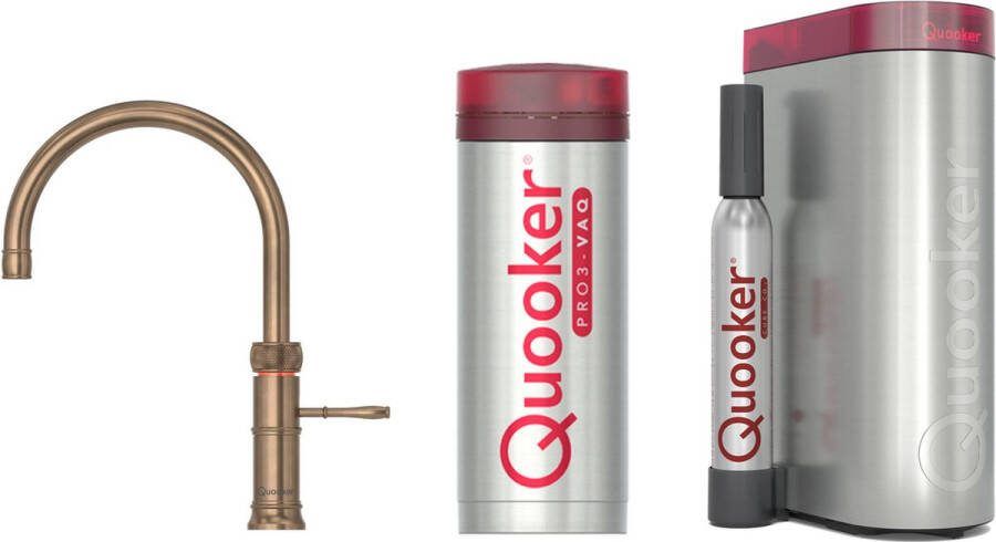 Quooker Classic Fusion Round messing patina met PRO3 boiler en CUBE reservoir 5-in-1 kokend water kraan