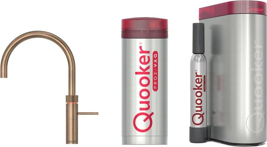 Quooker Fusion Round messing patina met PRO3 boiler en CUBE reservoir 5-in-1 kokend water kraan