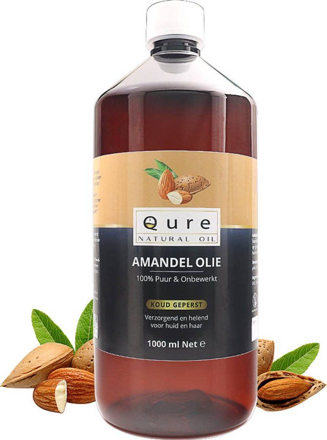 Qure Natural Oil Amandelolie 1 Liter Biologisch 100% Puur & Onbewerkt Koudgeperste Zoete Amandel Olie voor Haar Huid en Lichaam Grote Fles 1000ml Foodgrade Kwaliteit Huidolie Haarolie