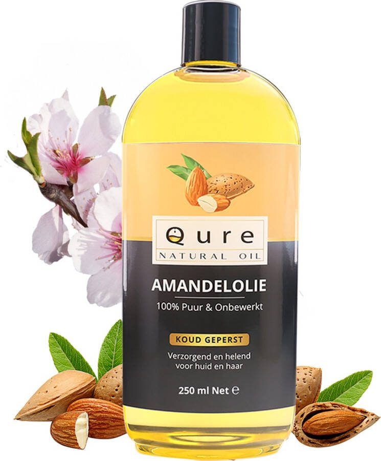 Qure Natural Oil Amandelolie 250ml + Pompje Biologisch 100% Puur & Onbewerkt Food Grade Koudgeperste Zoete Amandel Olie voor Haar Huid en Lichaam Huidolie Haarolie