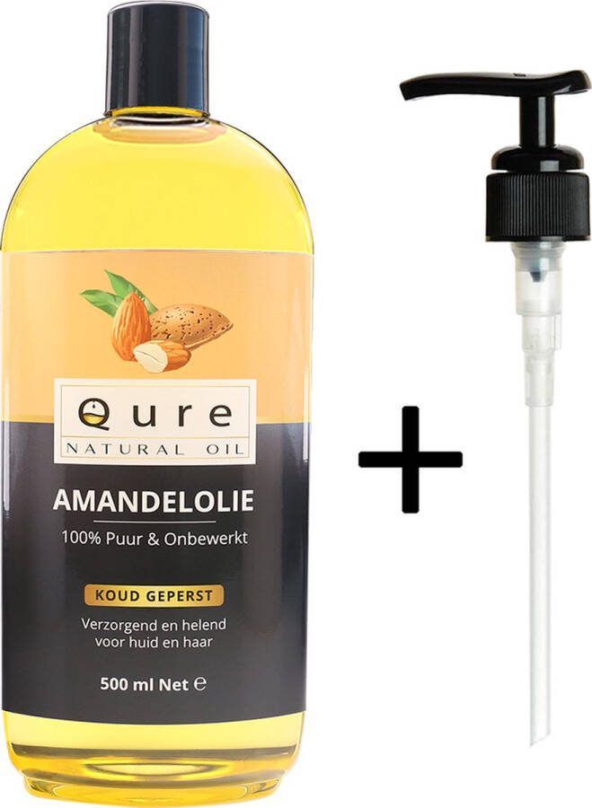 Qure Natural Oil Amandelolie 500ml + Pompje Biologisch 100% Puur & Onbewerkt Food Grade Koudgeperste Zoete Amandel Olie voor Haar Huid en Lichaam Huidolie Haarolie