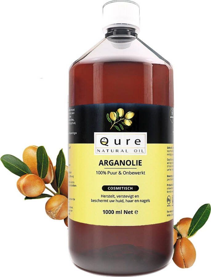 Qure Natural Oil Arganolie 1 Liter 100% Puur & Onbewerkt Voordeelfles Argan Olie voor Gezicht Haar en Lichaam Grote Fles 1000ml Moroccan Argan Oil Huidolie Haarolie