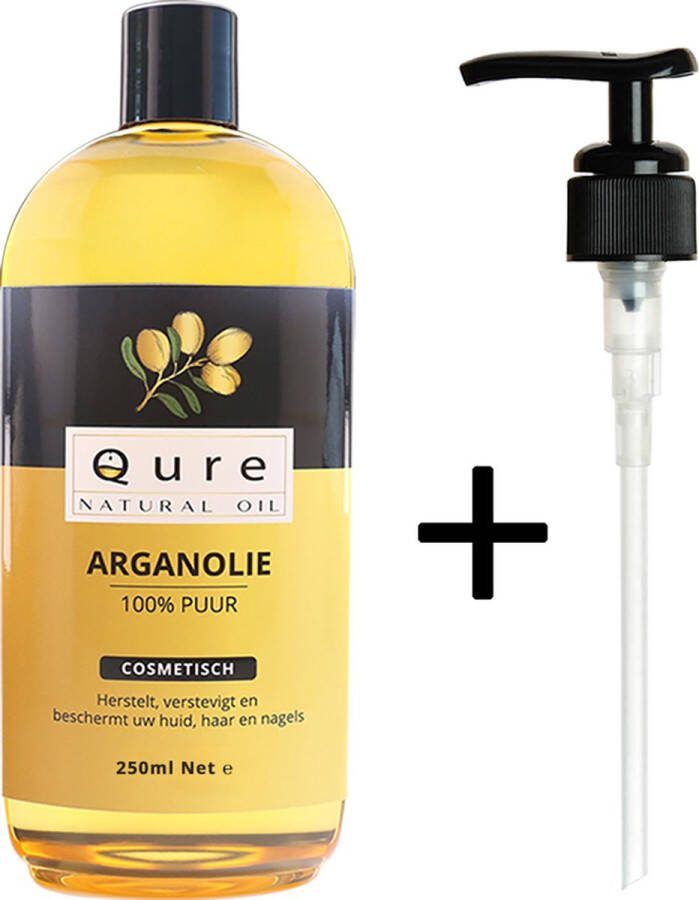 Qure Natural Oil Arganolie 250ml + Pompje Biologisch Voor haar huid en gezicht |100% Puur & Onbewerkt Moroccan Argan Oil Huidolie Haarolie