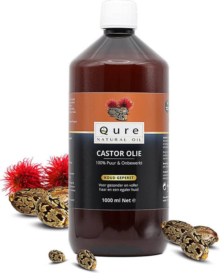 Qure Natural Oil Castor Olie 1 Liter Biologisch 100% Puur & Onbewerkt Wonderolie Ricinusolie Food-Grade Kwaliteit Koudgeperste Castor Oil voor Haar Huid Wenkbrauw en Wimpers Huidolie Haarolie