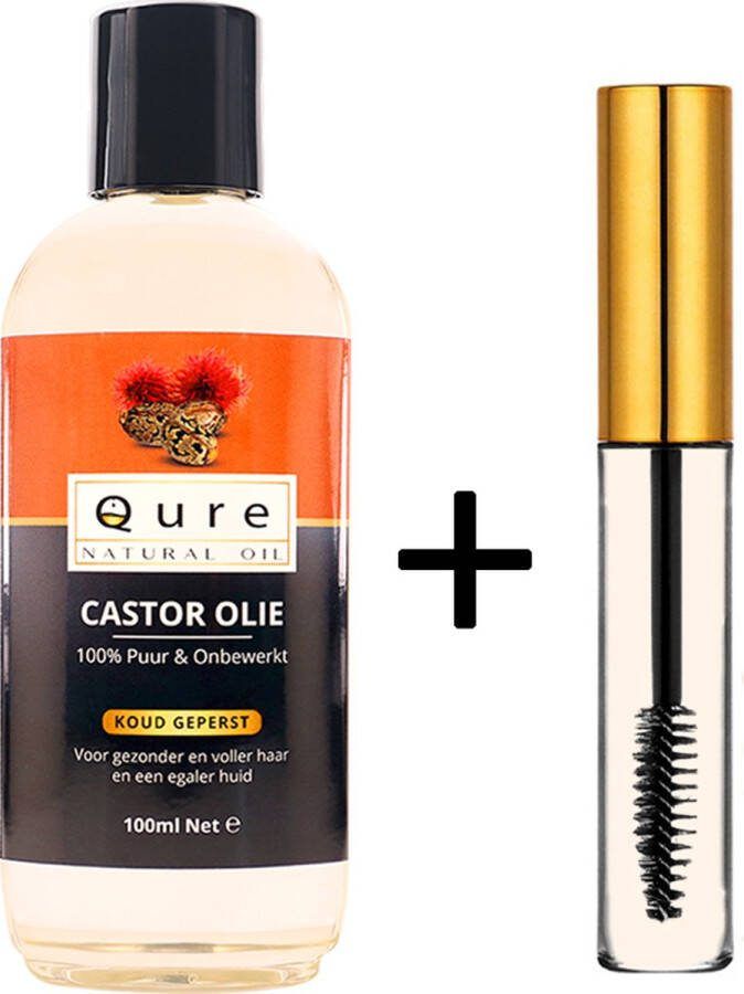 Qure Natural Oil Castor Olie 100ml + 10ml Hervulbare Gevulde Buisje met Borstel Biologisch 100% Puur & Onbewerkt Food-Grade Kwaliteit Wonderolie Castorolie Ricinusolie Koudgeperste Castor Oil voor Haar Huid Wenkbrauw en Wimpers Huidolie |Haarolie