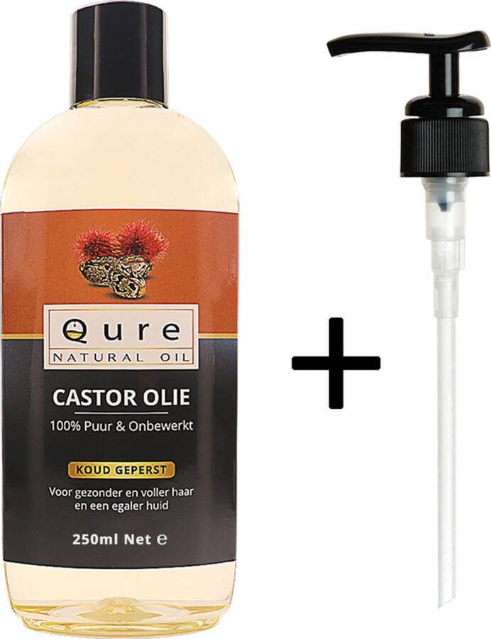 Qure Natural Oil Castor Olie 250ml + Pompje Biologisch 100% Puur & Onbewerkt Wonderolie Castorolie Ricinusolie Food-Grade Kwaliteit Koudgeperste Castor Oil voor Haar Huid Wenkbrauw en Wimpers Huidolie Haarolie