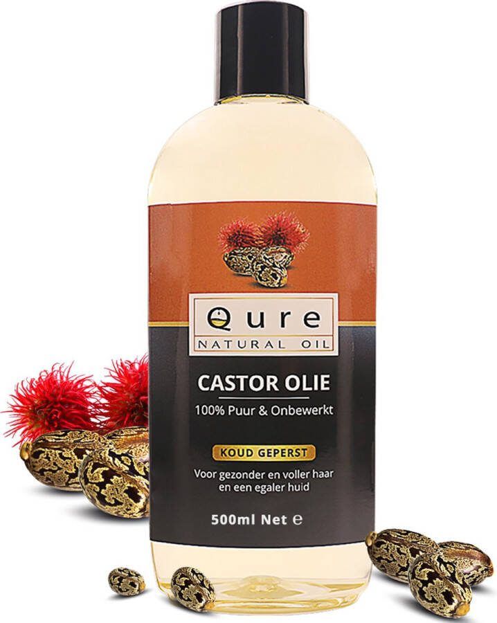 Qure Natural Oil Castor Olie 500ml + Pompje Biologisch 100% Puur & Onbewerkt Wonderolie Castorolie Ricinusolie Food-Grade Kwaliteit Koudgeperste Castor Oil voor Haar Huid Wenkbrauw en Wimpers Huidolie Haarolie