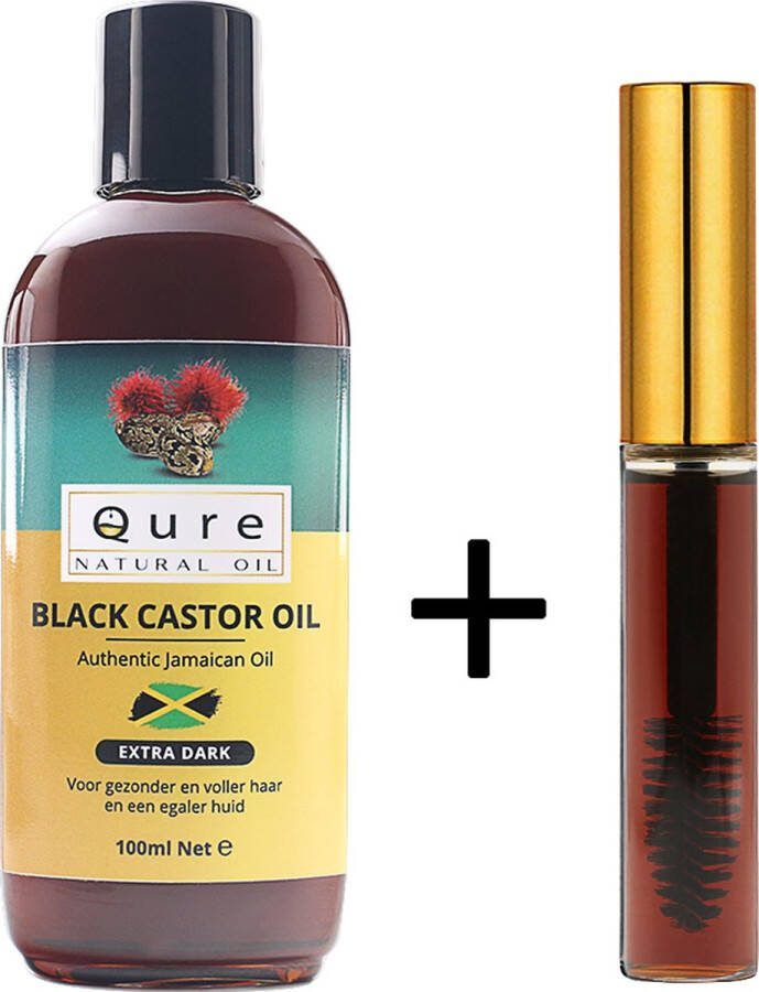Qure Natural Oil Jamaican Black Castor Oil 100ml + 10ml Handige Gevulde Buisje met Borstel | Extra Dark | 100% Puur & Onbewerkt | Wonderolie | Plantaardige Castorolie Ricinusolie | Koudgeperste Castor Olie voor Haar Huid Wenkbrauw en Wimpers
