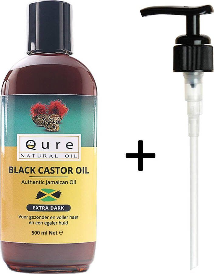 Qure Natural Oil Jamaican Black Castor Oil 500ml + Pompje Extra Dark Voor Haar Huid Wenkbrauw en Wimpers Met Gratis Pompje 100% Puur & Natuurlijk Wonderolie Plantaardige Castorolie Ricinusolie Haarolie