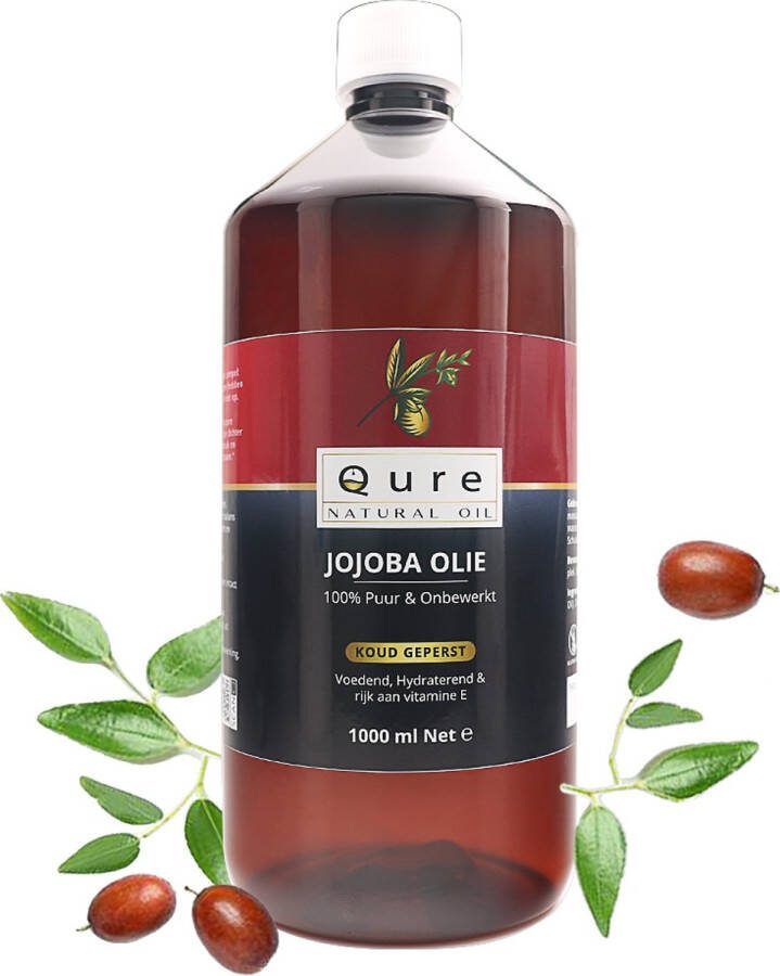 Qure Natural Oil Jojoba Olie 1 Liter Biologisch 100% Puur & Onbewerkt Jojobaolie voor Haar Huid en Lichaam Grote Fles 1000ml Huidolie Haarolie