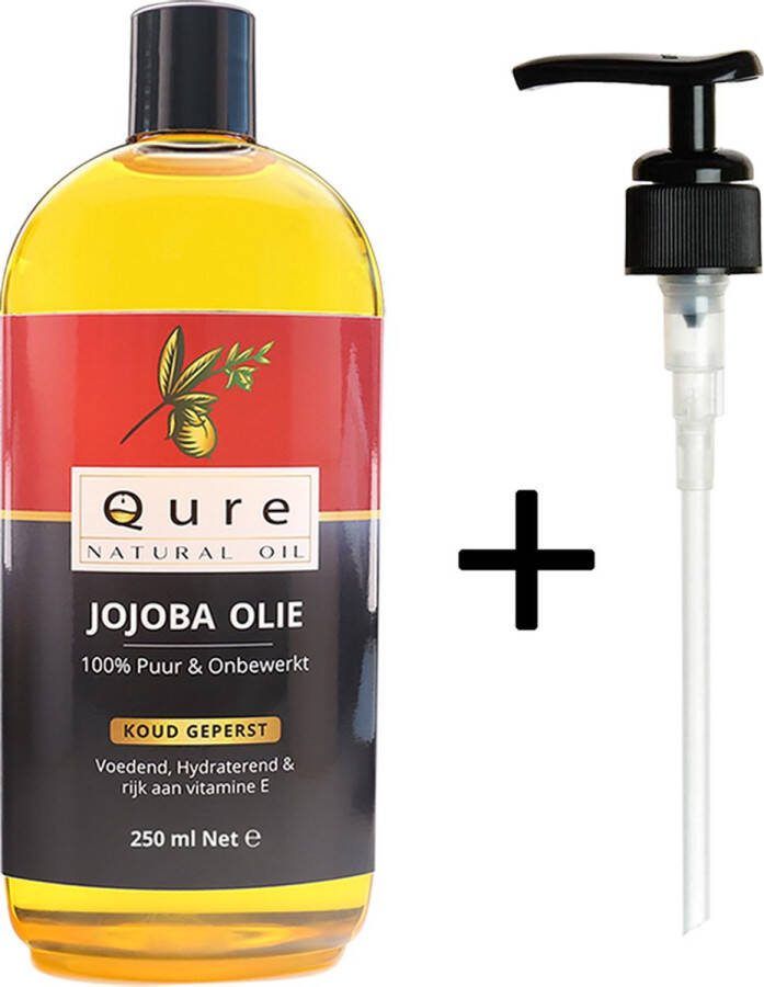 Qure Natural Oil Jojoba Olie 250ml + Pompje Biologisch 100% Puur & Onbewerkt Jojobaolie voor Haar Huid en Lichaam Huidolie Haarolie