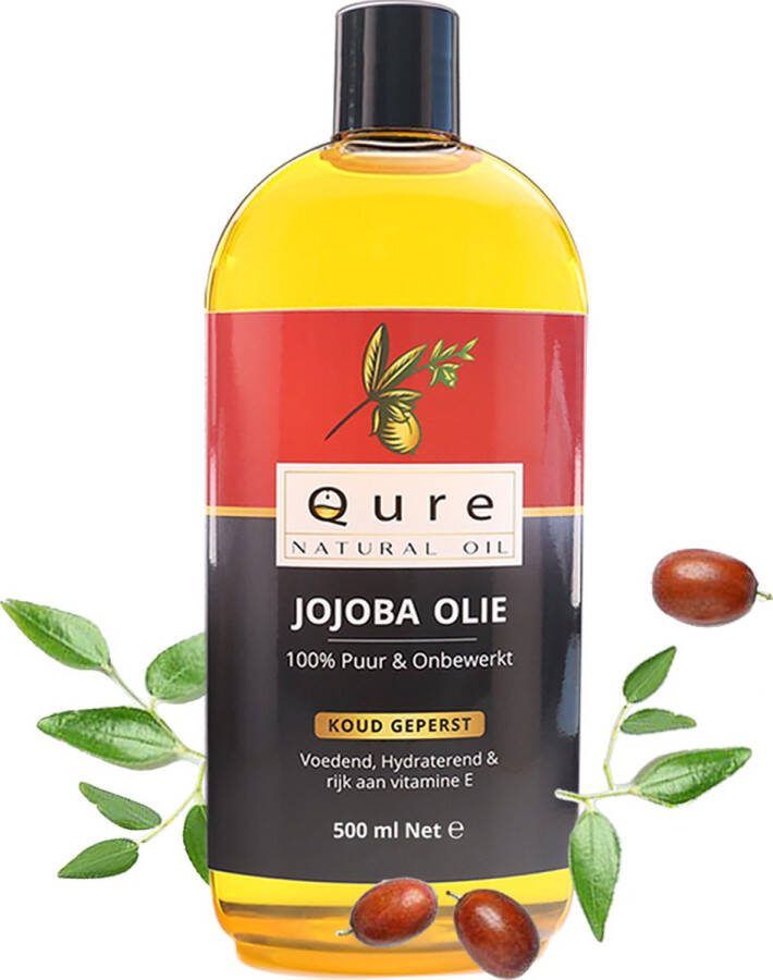 Qure Natural Oil Jojoba Olie 500ml + Pompje Biologisch 100% Puur & Onbewerkt Jojobaolie voor Haar Huid en Lichaam Huidolie Haarolie