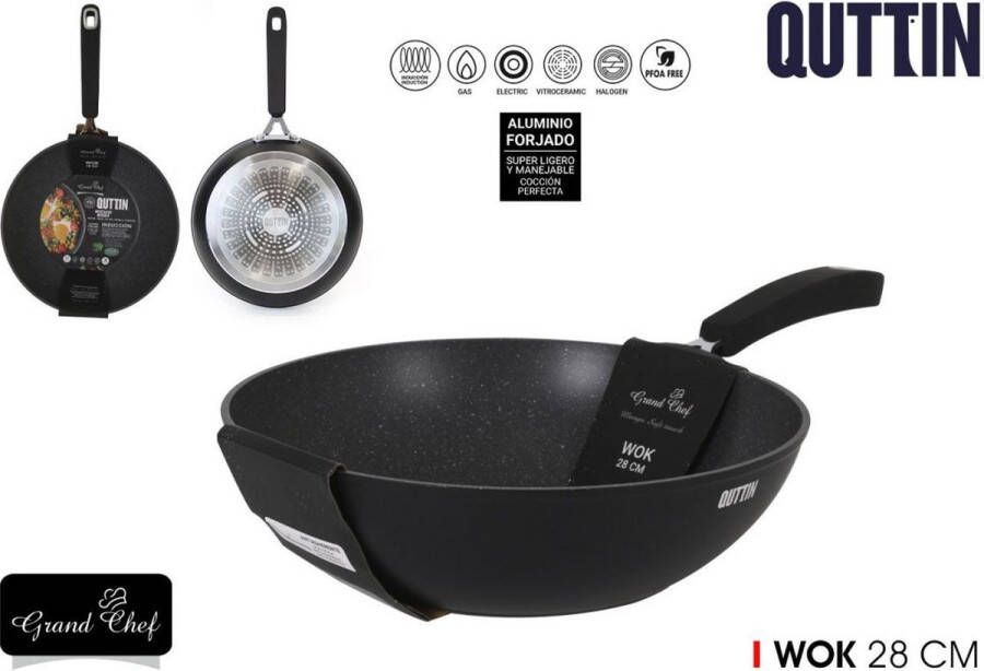 Quttin Grand Chef WOKpan 28cm + houten lepel om de anti aanbaklaag te beschermen pfoa vrij geschikt voor inductie gas electrisch keramisch en halogeen