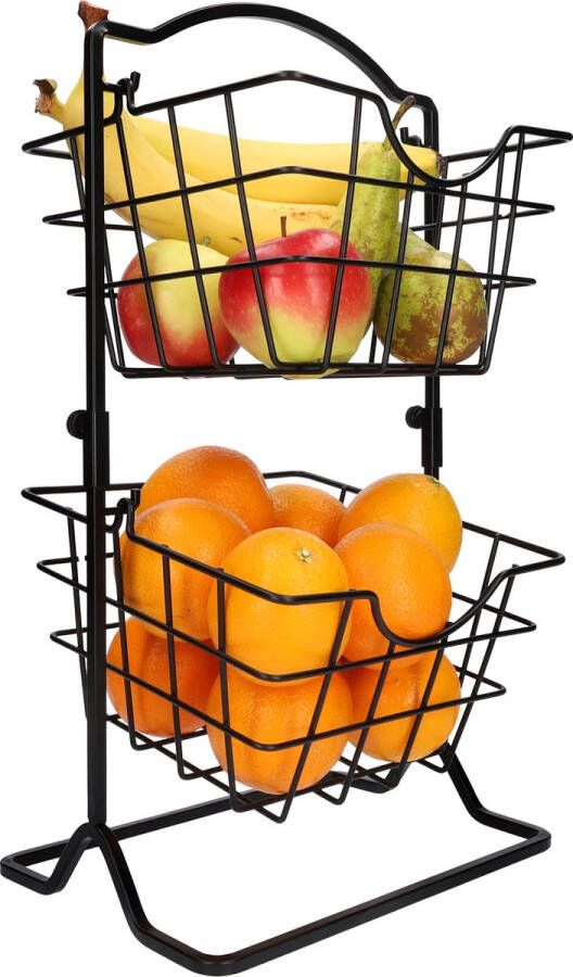 QUVIO Fruitschaal 2 lagen Metaal Fruitmand Etagere Schaal decoratie Opbergmand Organizer Zwart 19 x 24 x 45 cm