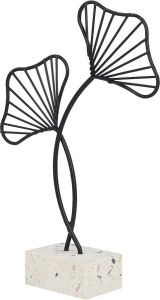 QUVIO Ginkgo blad Decoratie Op standaard Decoratief beeld Op voet Woondecoratie Metaal Steen Zwart Wit 4 5 x 6 5 x 22 5 cm