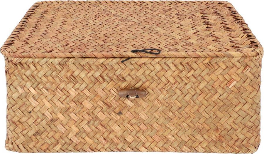 QUVIO Opbergmand Maat L Opbergdoos Opbergbox Voorraaddoos Organizer Sorteerdoos Met deksel Met knoop Rotan Bruin 29 x 19 x 12 cm