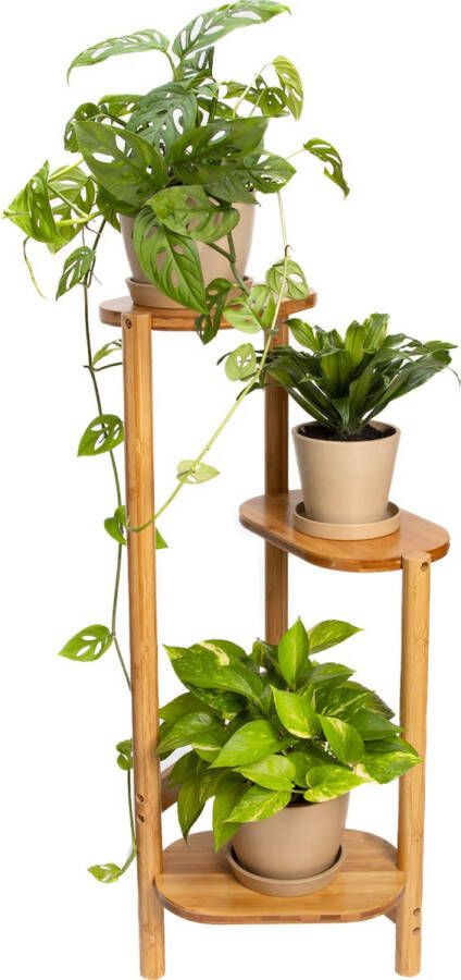 QUVIO Plantenrek Plantenstandaard Plantentafel Plantenrekken Plantentrap Plantentafeltje voor binnen Planten rek Bloemenrek Planten etagere Plantenzuil Met 3 lagen -Bamboe Bruin