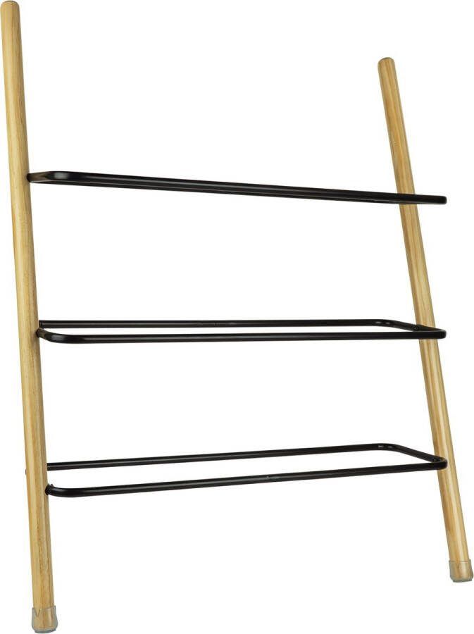 QUVIO Schoenenrek 3 laags Schoenenkast Wand schoenenrek 6 9 paar schoenen Hout Metaal Lichtbruin Zwart 17 5 x 66 5 x 83 cm