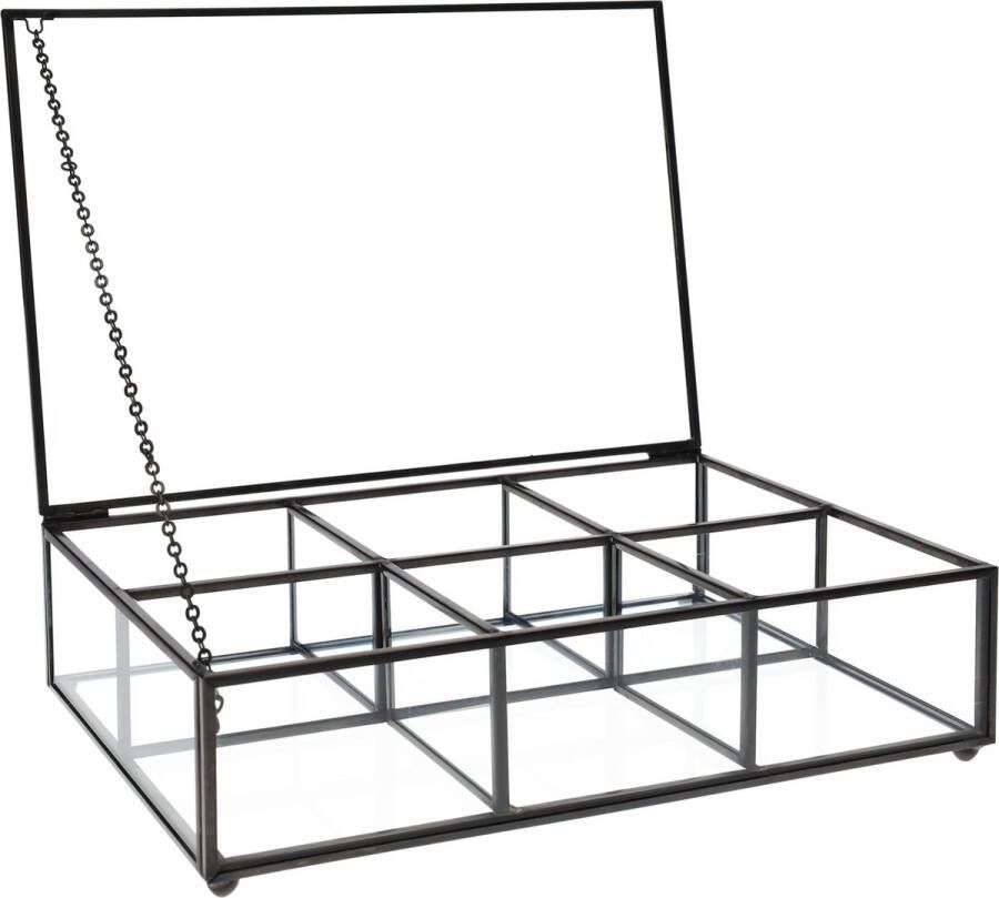 QUVIO Theedoos 6 Vakjes Theekist Theebox Theedozen Glas Metaal Zwart 16 x 23 x 6 cm