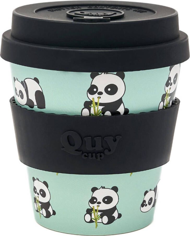 Quy cup 230ml Ecologische Reis Beker “Il Panda” BPA Vrij Gemaakt van Gerecyclede Pet Flessen met Zwarte Siliconen deksel