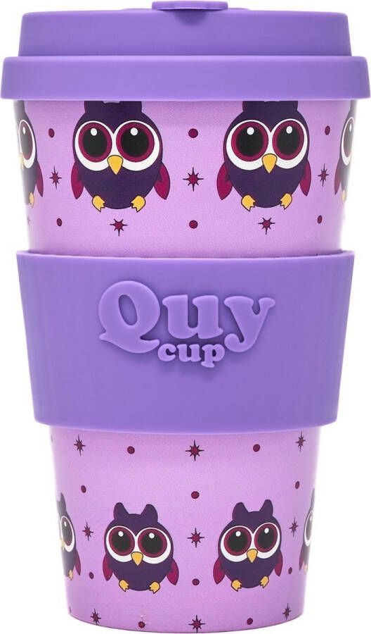 Quy cup 400ml Ecologische Reis Beker “Owl” BPA Vrij Gemaakt van Gerecyclede Pet Flessen met Purple Siliconen deksel