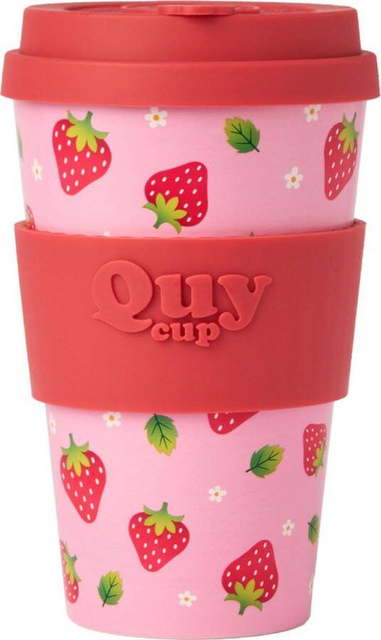 Quy cup 400ml Ecologische reisbeker “Aardbei Gerecycleerde flessen met Rood siliconen deksel 9x9xH15cm