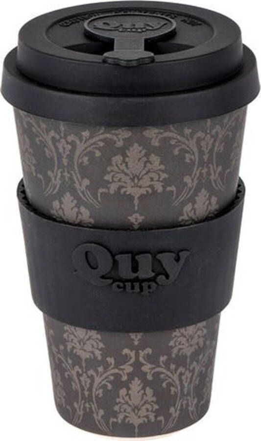 Quy cup 400ml Ecologische reisbeker Barocco Gerecycleerde flessen met zwarte siliconen deksel 9x9xH15cm