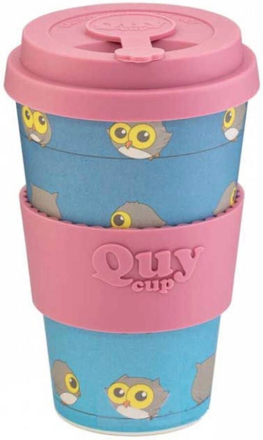 Quy cup 400ml Ecologische reisbeker Blue Owl Gerecycleerde flessen met lichtpaarse siliconen deksel 9x9xH15cm